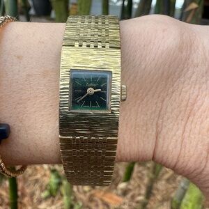 Rare Zodiac Textured Intergraded  Gold Bracelet Watch with Green Lacquer Dial